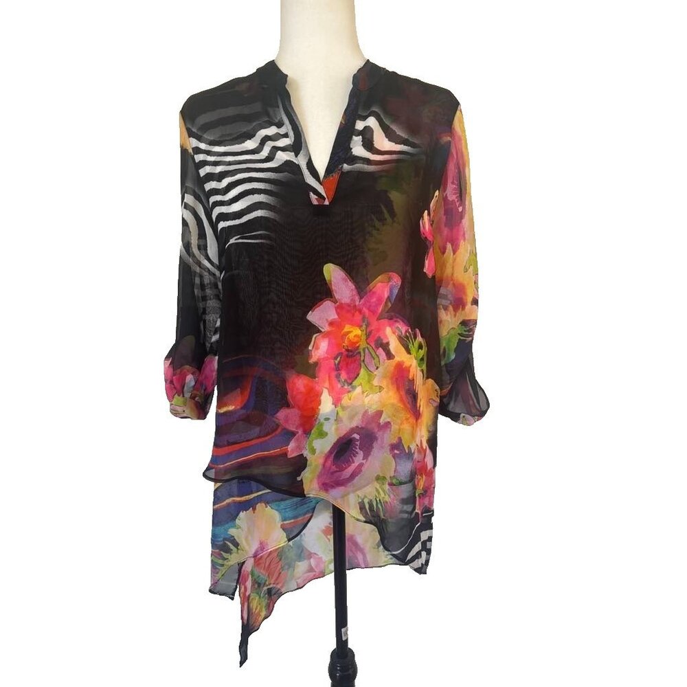 FRANK LYMAN Sheer Tunic Blouse Floral Black Roll Tab Sleeves Size 8-10?